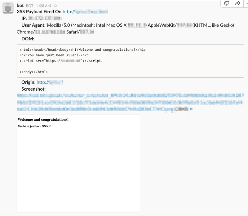 XSS Hunter report in Slack