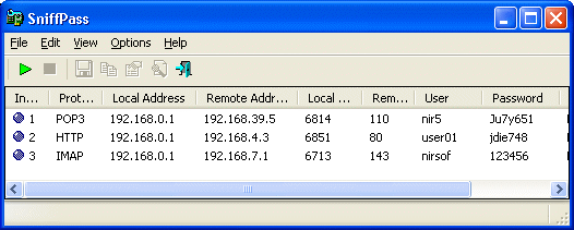 Перехоплені паролі на скріншоті SniffPass