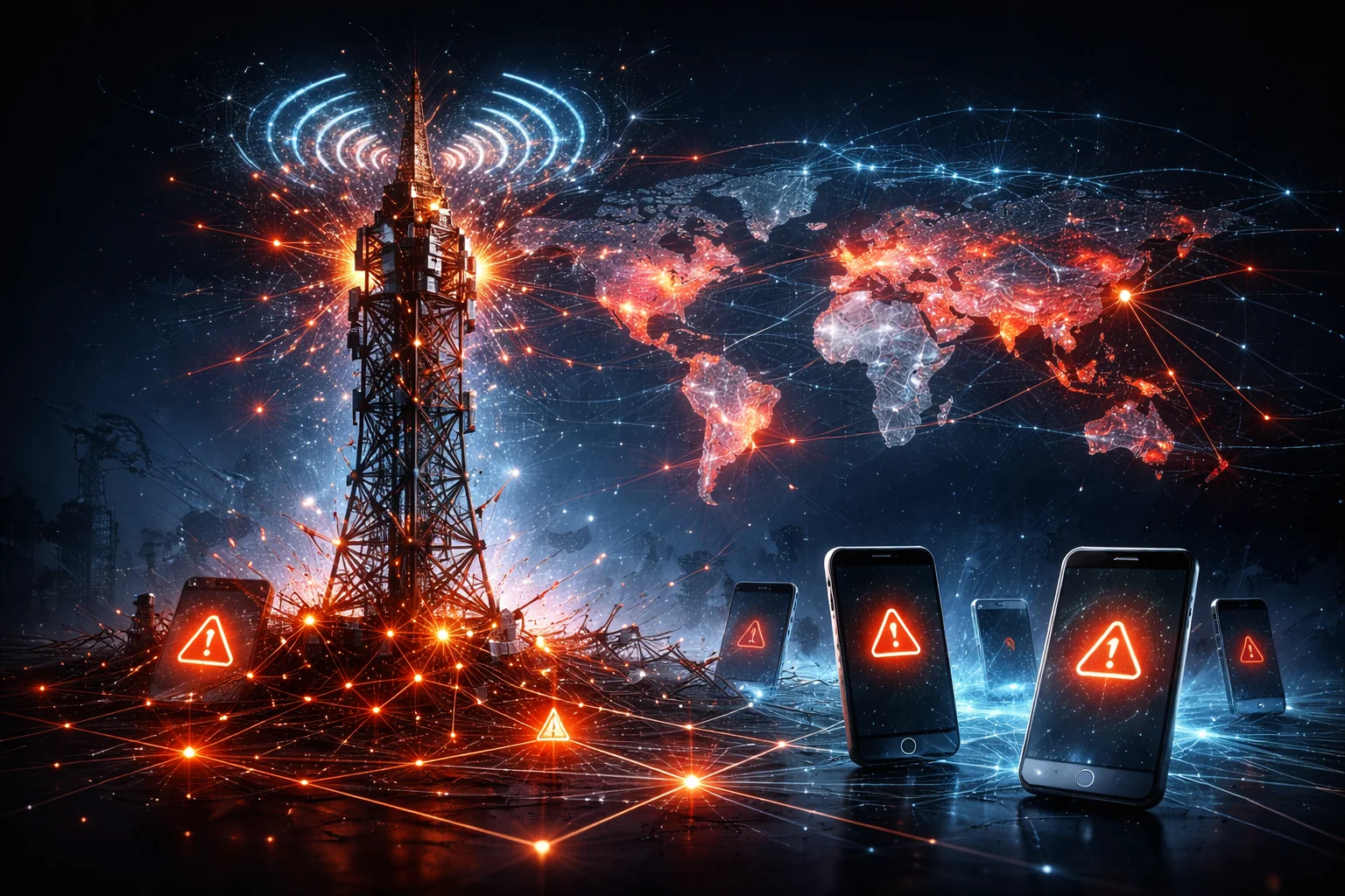 Кібератака на Київстар — телекомунікаційна вежа з ефектами цифрового порушення